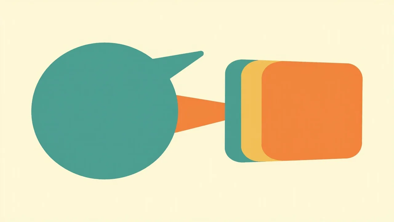 A large teal speech bubble pointing into a stack of three rounded cards in teal, amber and orange on a cream background.