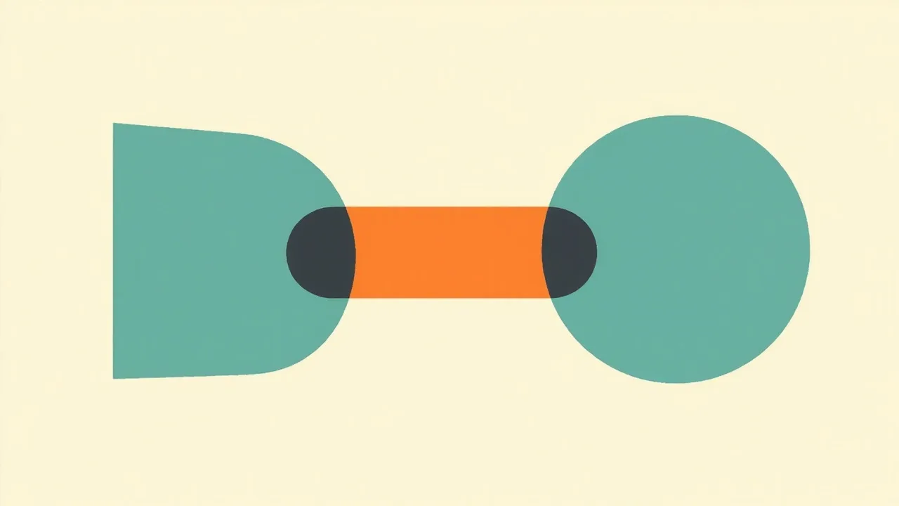 A teal rounded shape joined to a teal circle by a thick orange bar with two dark round collars, on a cream background.