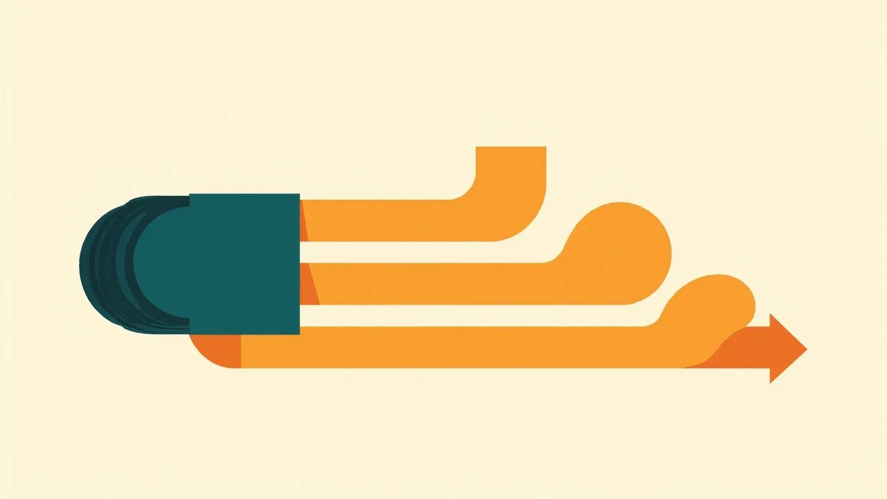 A dark teal rounded block feeding three thick orange bars that curve right and end in a bold orange arrow, on a cream background.