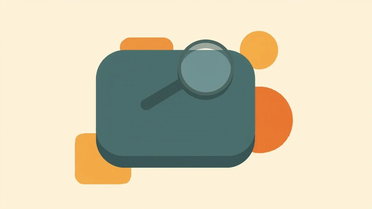 A large slate-teal rounded card with a magnifying lens resting on it and amber and orange rounded squares peeking from behind, on a cream background.