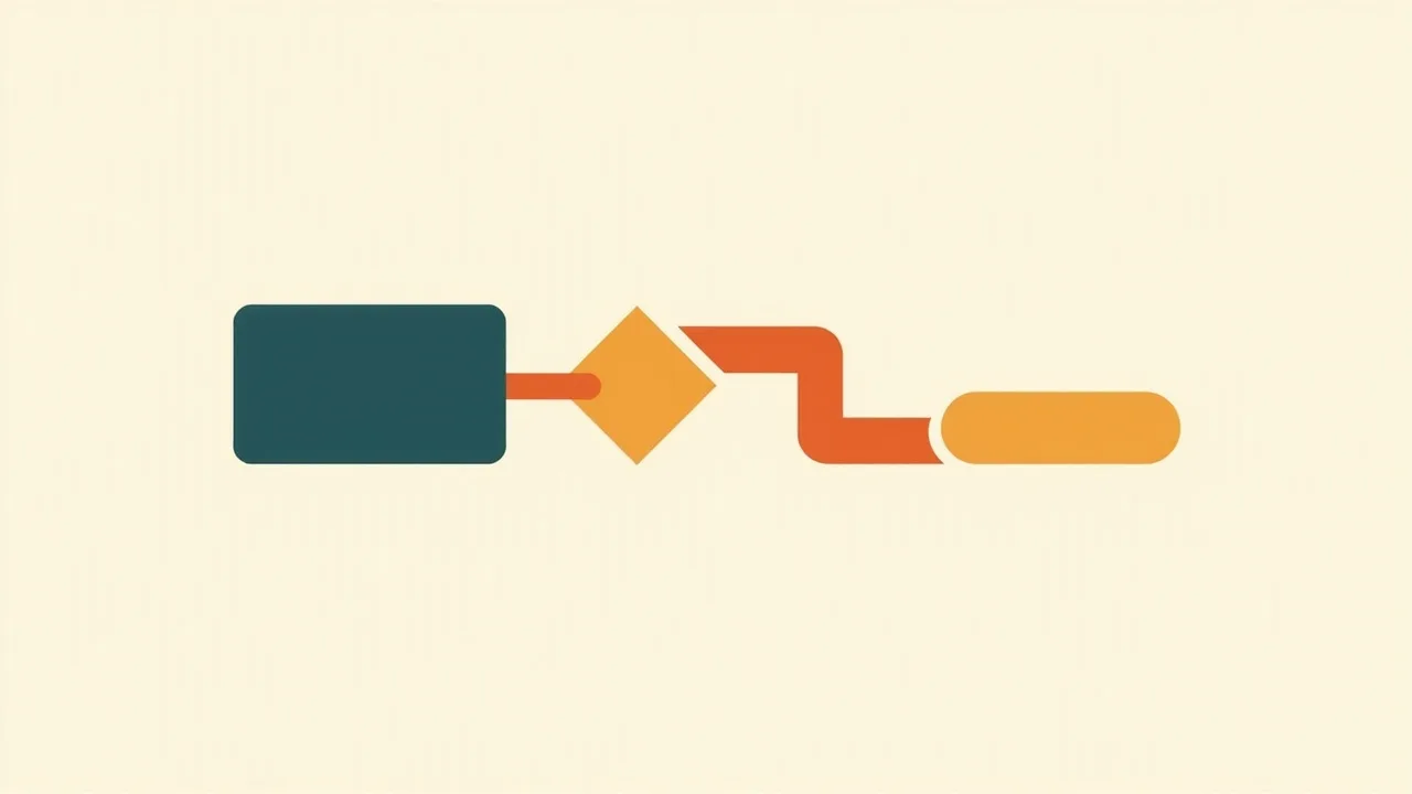 Three shapes joined left to right: a dark card, an orange diamond gate and a rounded tray, linked by a thin orange connector.