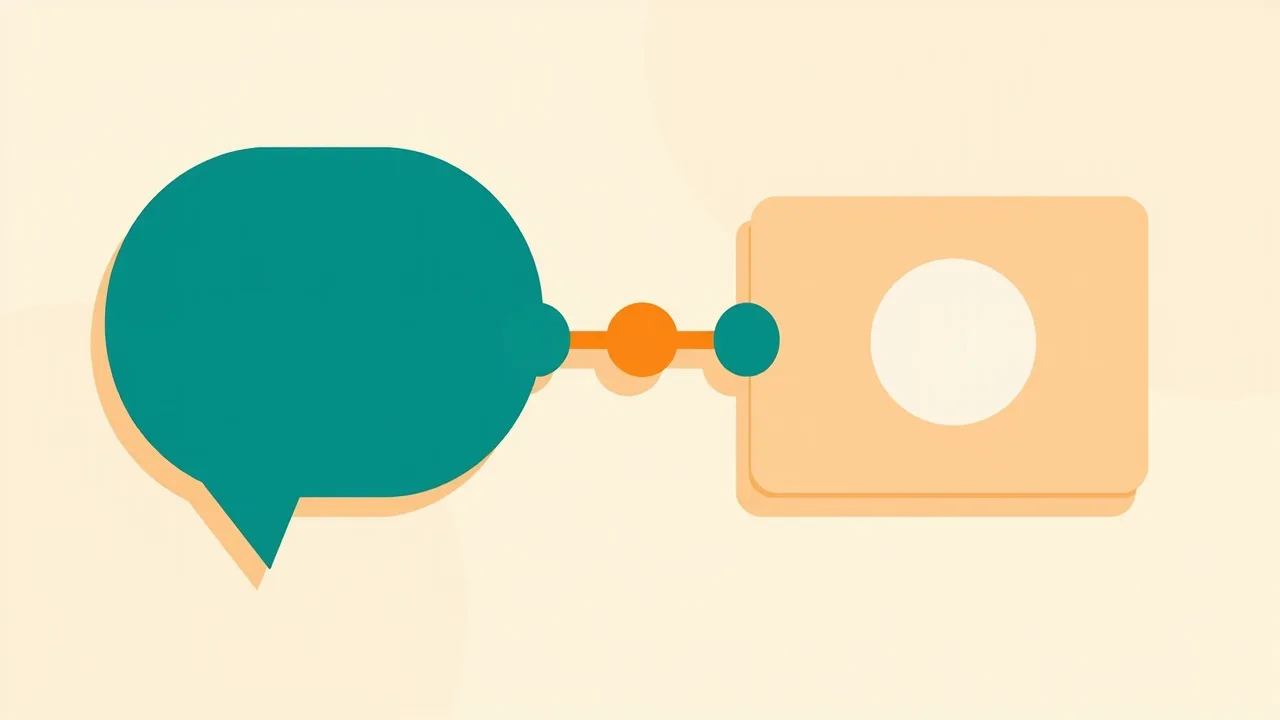A large teal speech bubble joined by an orange connector and two round nodes to a rounded card with a white circle on a cream background.