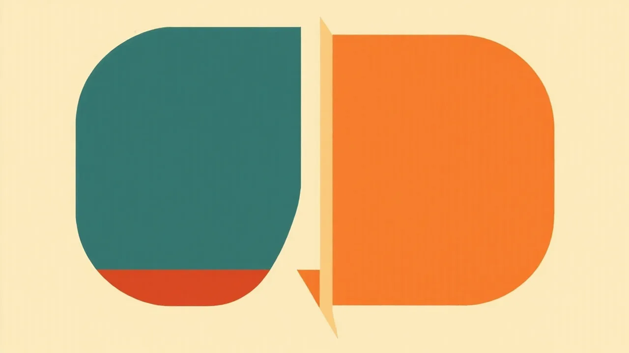 Two large rounded blocks, deep teal on the left and vivid orange on the right, separated by a narrow cream gap on a cream background.