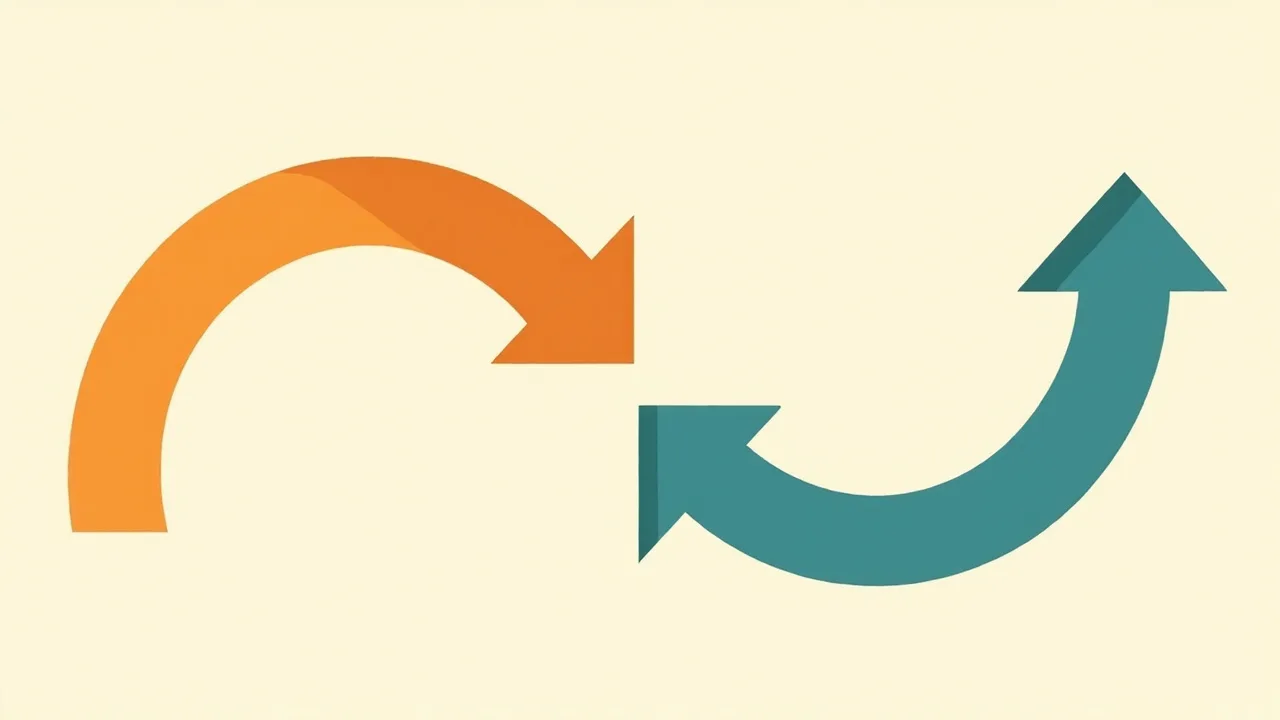 A thick vivid orange arrow curving up and to the right above a thick deep teal arrow curving down and to the left, on a cream background.