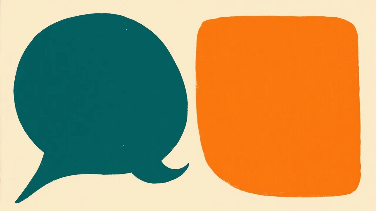 A large deep teal speech bubble beside a vivid orange rounded square on a cream background.