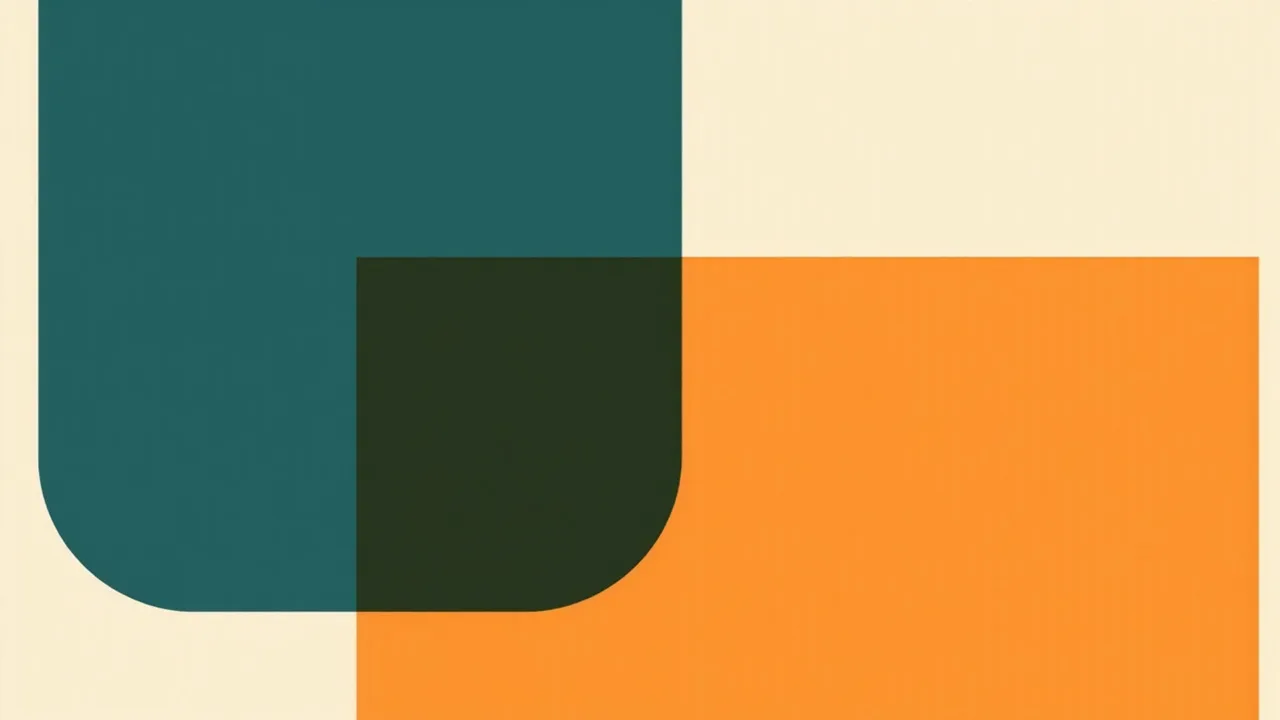 A deep teal rounded block overlapping a dark teal square, with a vivid orange block beside them on a cream background.