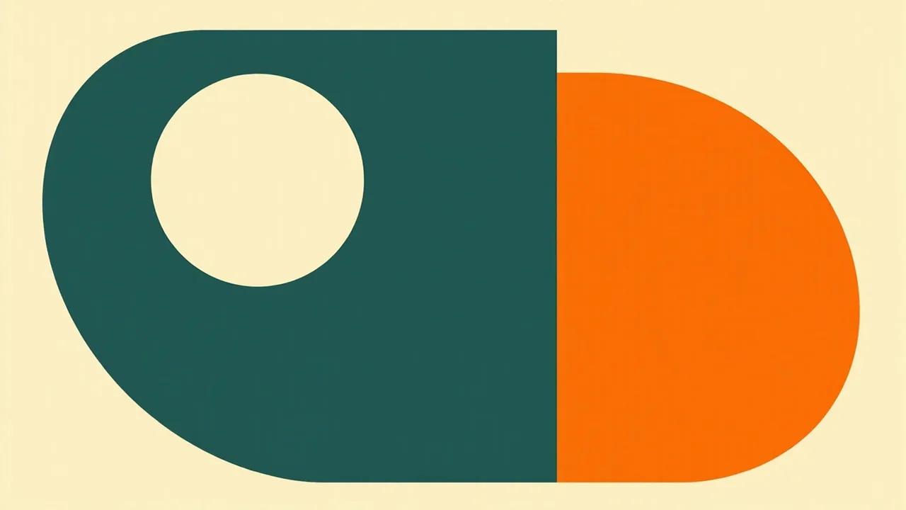 A deep teal rounded card holding a cream circle, joined to a vivid orange rounded card on a cream background.