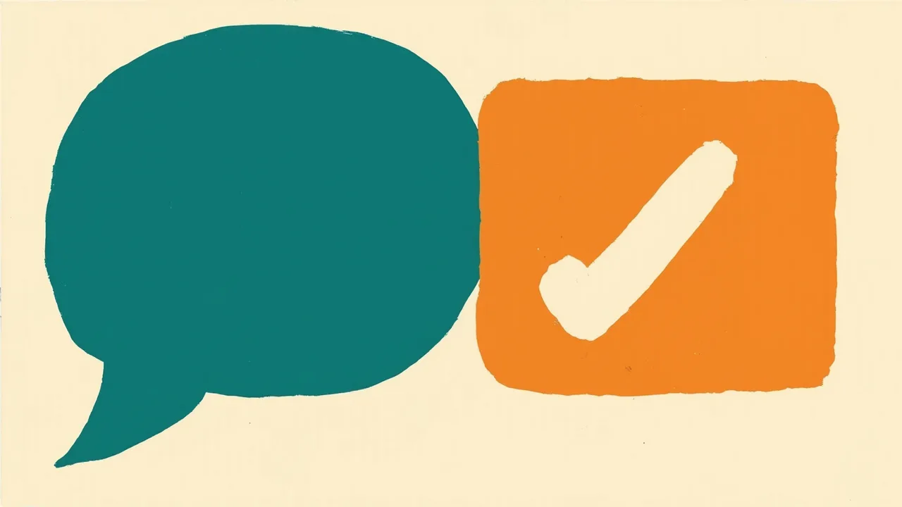 A deep teal speech bubble beside a vivid orange rounded square containing a large cream check mark, on a cream background.