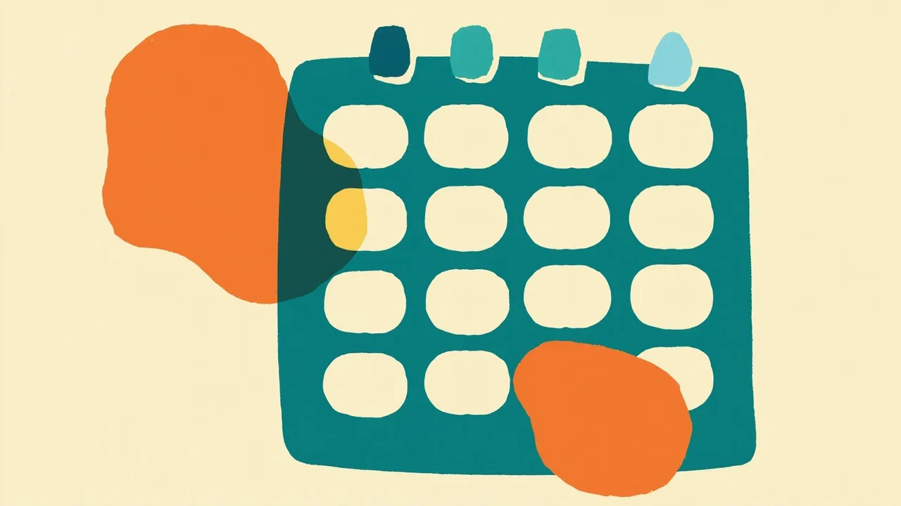 A deep teal calendar block of cream day cells with tabs along its top edge, a large vivid orange shape at its left and another at its lower right on a cream background.