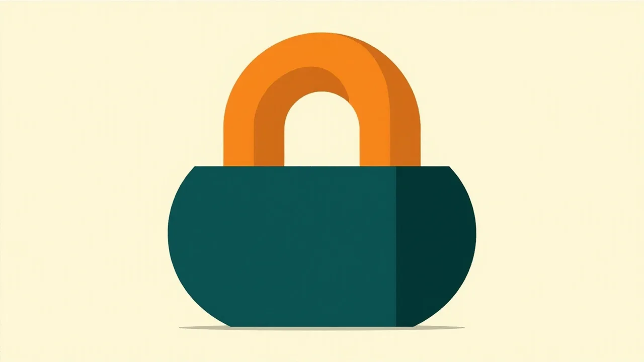 A deep teal rounded padlock with a vivid orange arch for a shackle on a cream background.