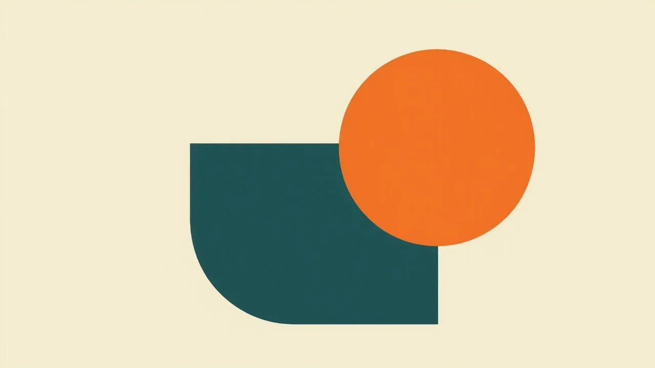 A deep teal block with a square notch cut out of its lower right, overlapped by a large vivid orange circle with a small orange square above it on a cream background.