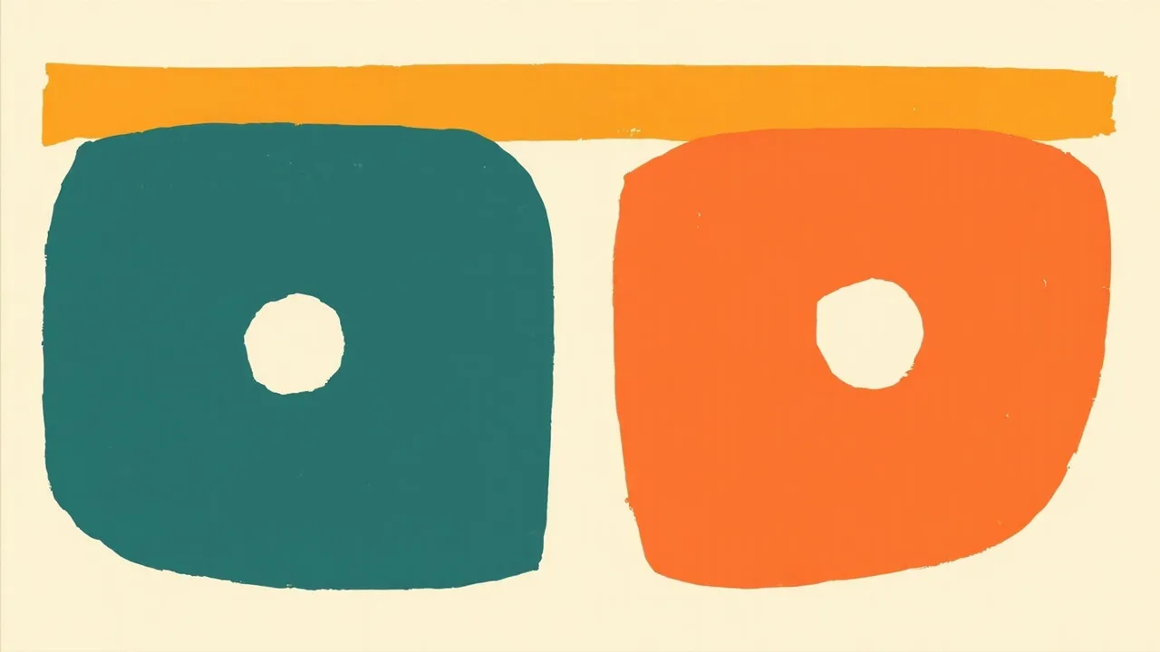 Two rounded squares side by side, one deep teal and one vivid orange, each with a cream dot, joined by a vivid orange bar across the top on a cream background.