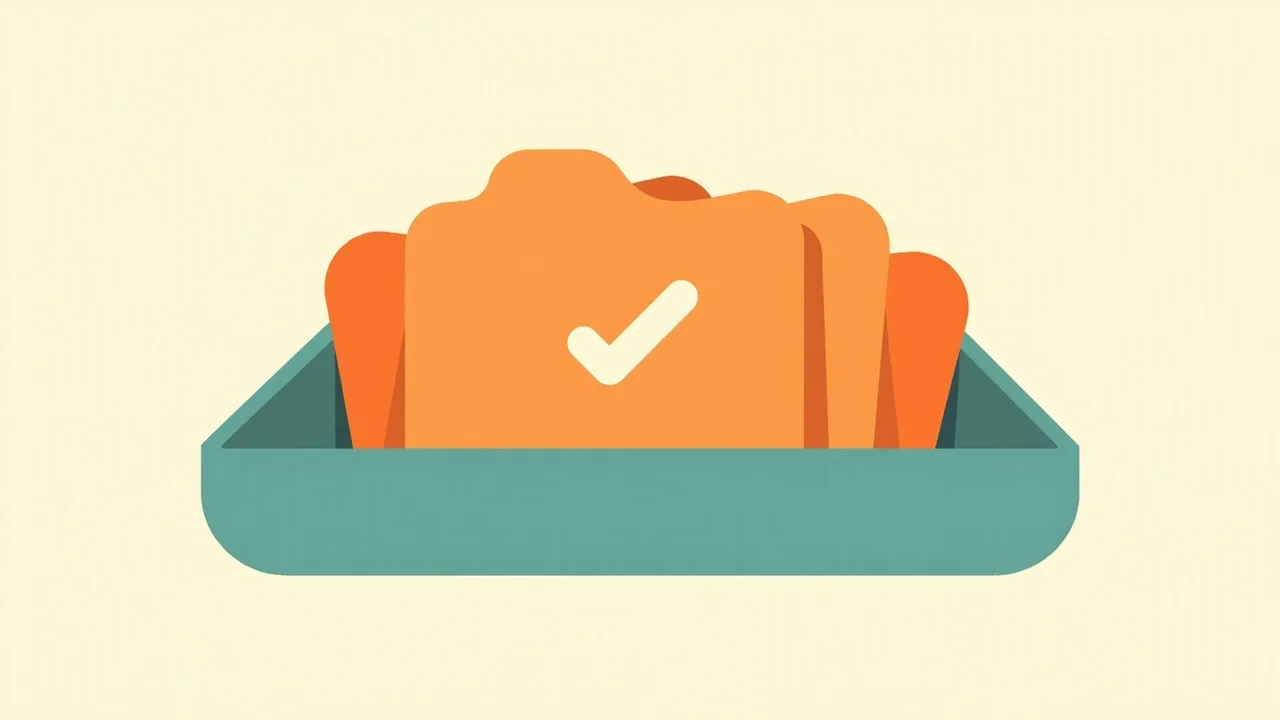 A deep teal tray holding a row of vivid orange cards with a large cream check mark on the card facing the viewer, on a cream background.