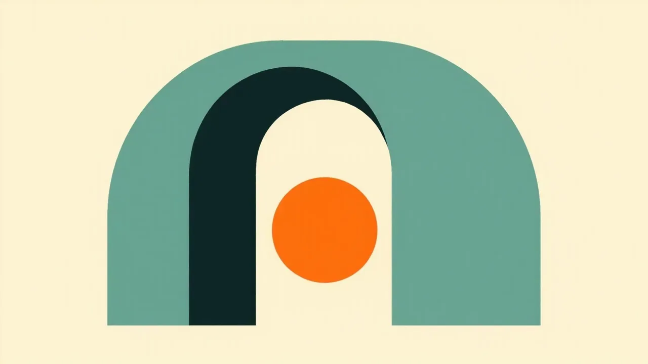 A large pale teal arch with a dark teal inner opening and one vivid orange circle resting inside it, on a cream background.