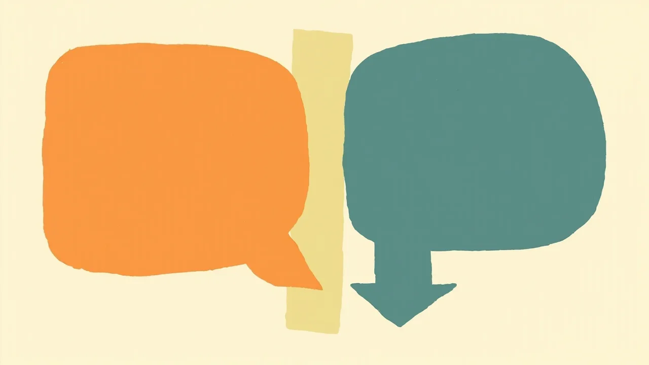 A large vivid orange speech bubble on the left and a large deep teal rounded block on the right with a thick teal arrow pointing down between them, next to a pale yellow vertical bar, on a cream background.